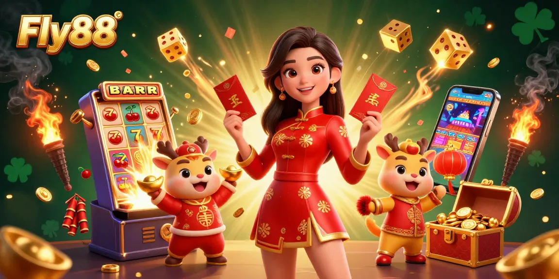 Fly88 captures thrilling casino excitement with vibrant characters amid a jackpot explosion.
