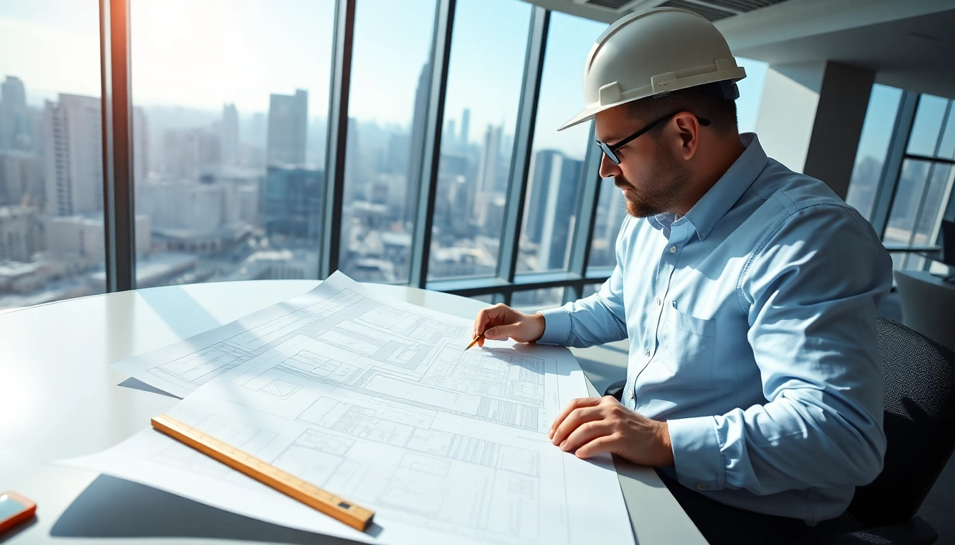 New York City General Contractor examining detailed blueprints in a modern office setting.