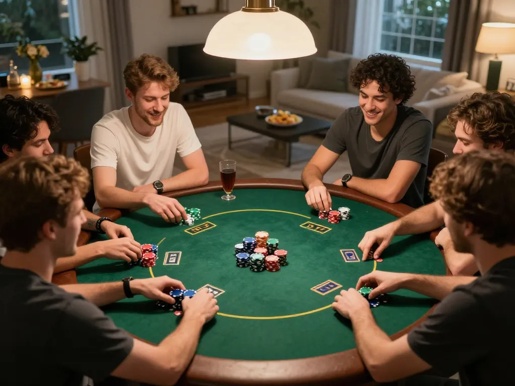 kuwin players celebrating a winning poker hand during a lively home game night