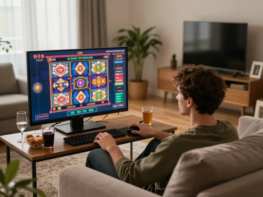 Cổng game 789Club showcased through a player enjoying an online slot game in a cozy home setting