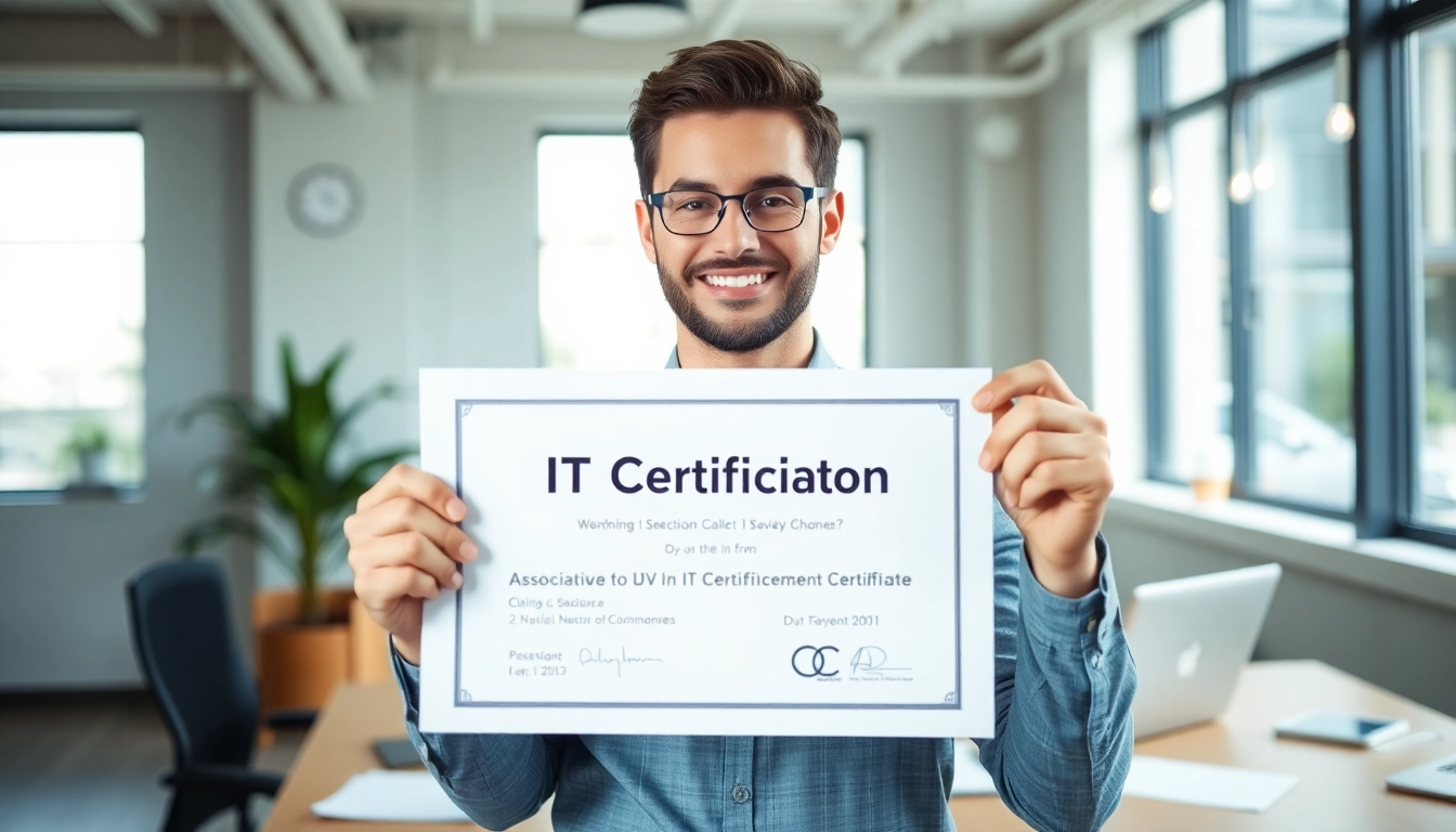 Showcasing IT certifications without studying in a professional office environment for success.