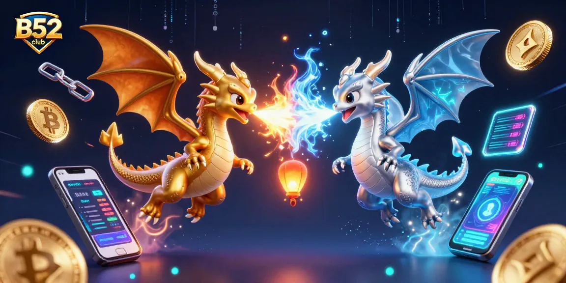 B52club players engage in exciting gameplay surrounded by vivid 3D dragons and cryptocurrency elements.
