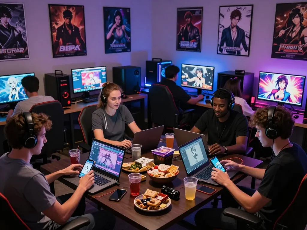 Gamers enjoying various porn games on devices in a cozy setup.
