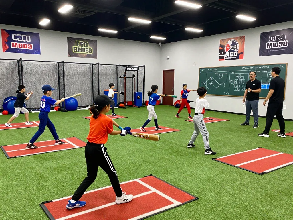 Young athletes train at Hitclub baseball facility, showcasing dynamic batting practice and coaching.