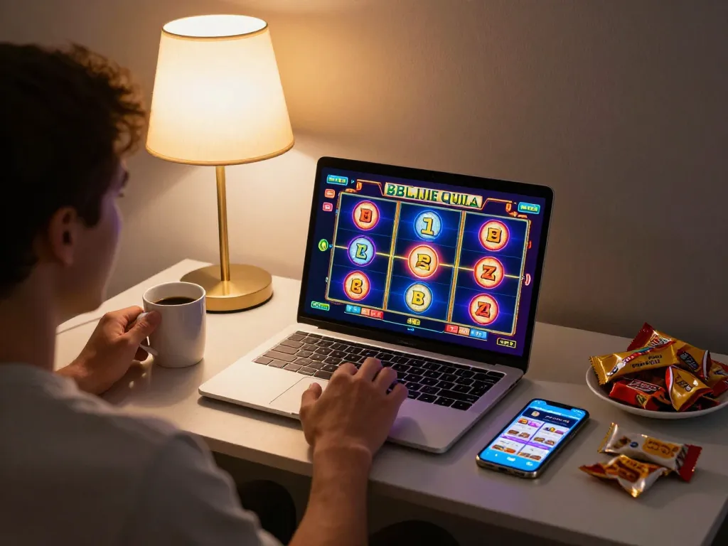 Engaging with win678 online slot machine from a cozy home gaming setup, showcasing excitement and strategy.