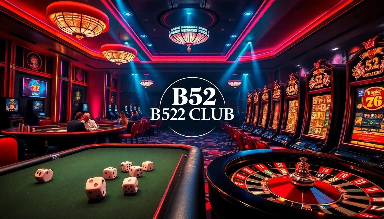 B52 CLUB showcases a vibrant casino scene featuring a poker table, dice, and roulette wheel, inviting thrilling gameplay.