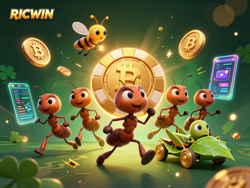 Navigate the thrilling heist of RICWIN with cartoon ants, crypto coins, and vibrant casino elements.