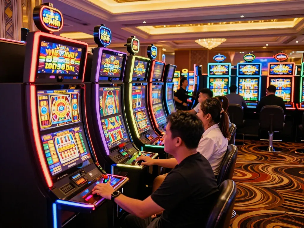 Players engaging with vibrant slot gacor hari ini, creating an exciting casino atmosphere.