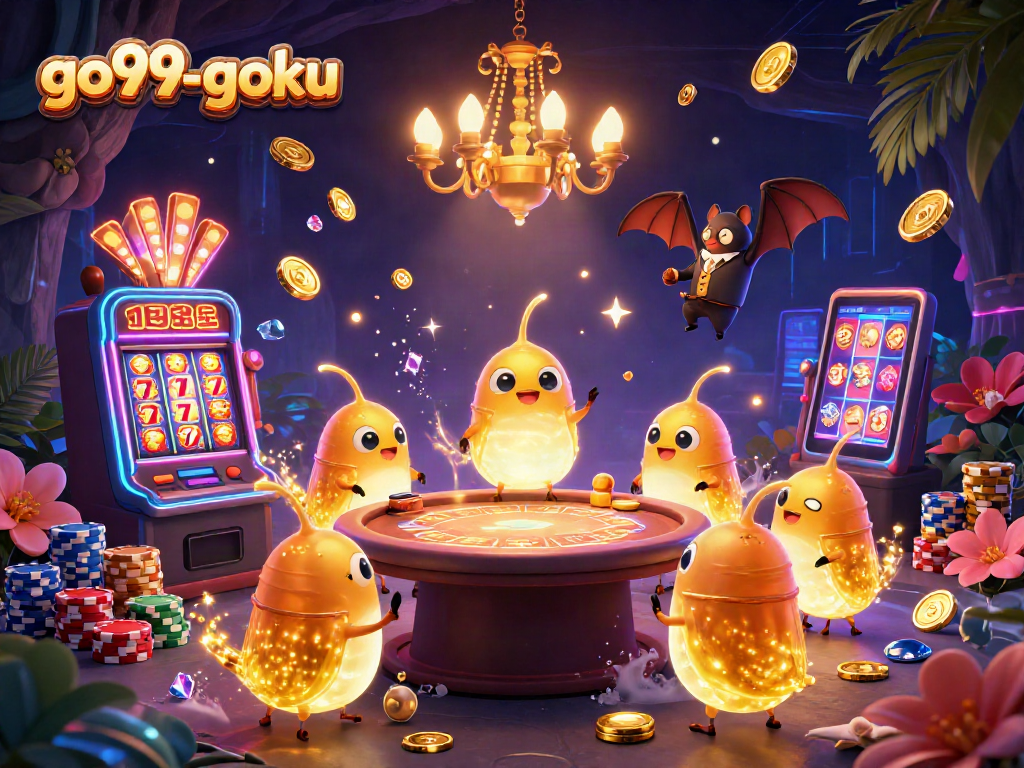 Experience the excitement of go99-goku with a vibrant 3D casino scene of glowing characters and dynamic slot action.