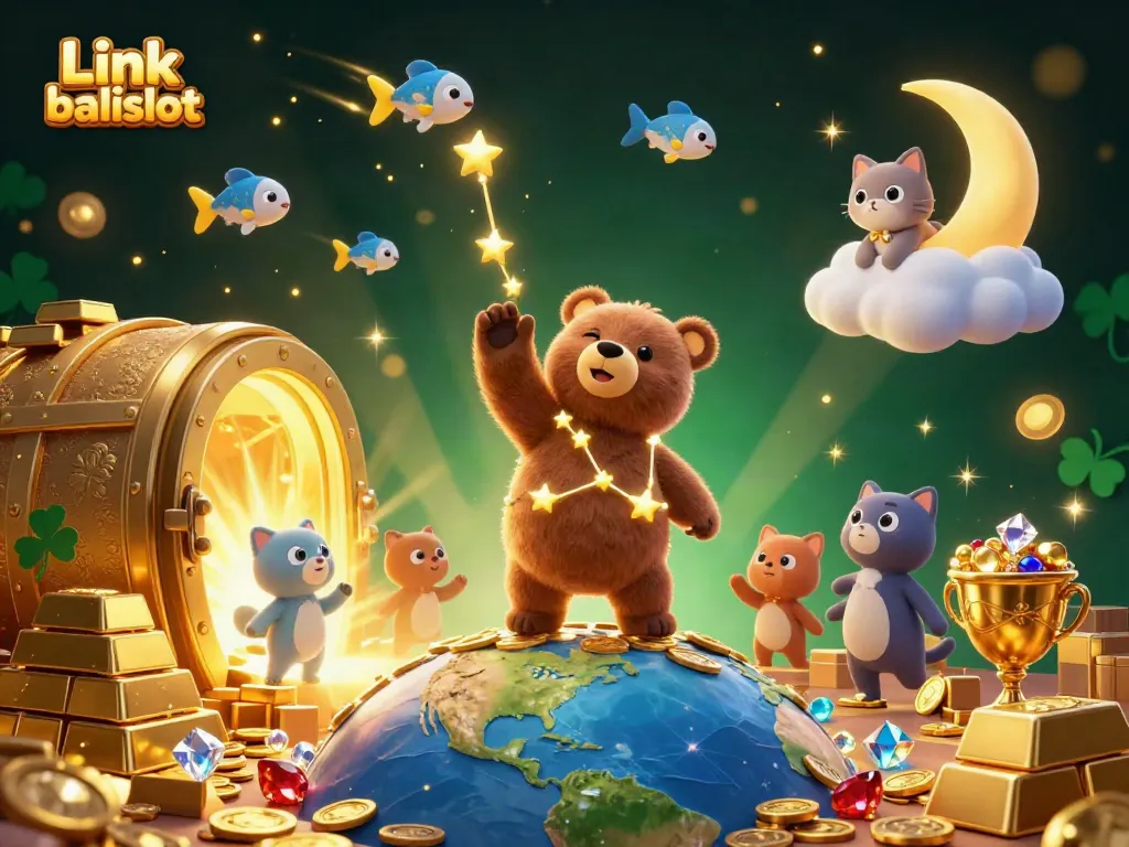 Win big with Link balislot as the constellation bear scoops coins from Earth, surrounded by treasure and luck.
