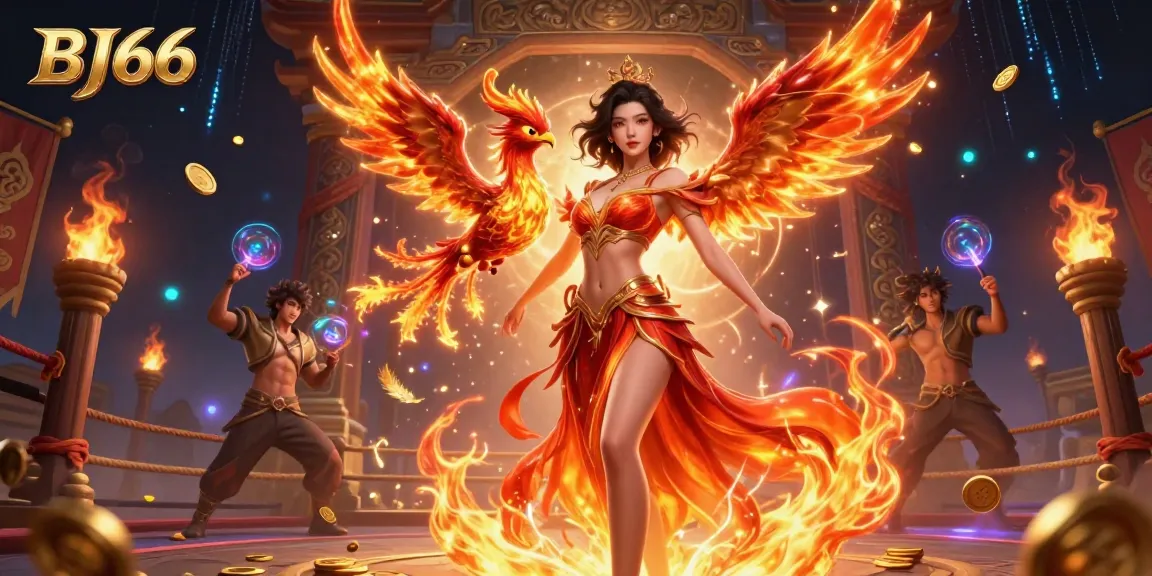 Experience thrilling gameplay at BJ66 with a dynamic casino illustration showcasing a stunning Asian woman and fire phoenix.