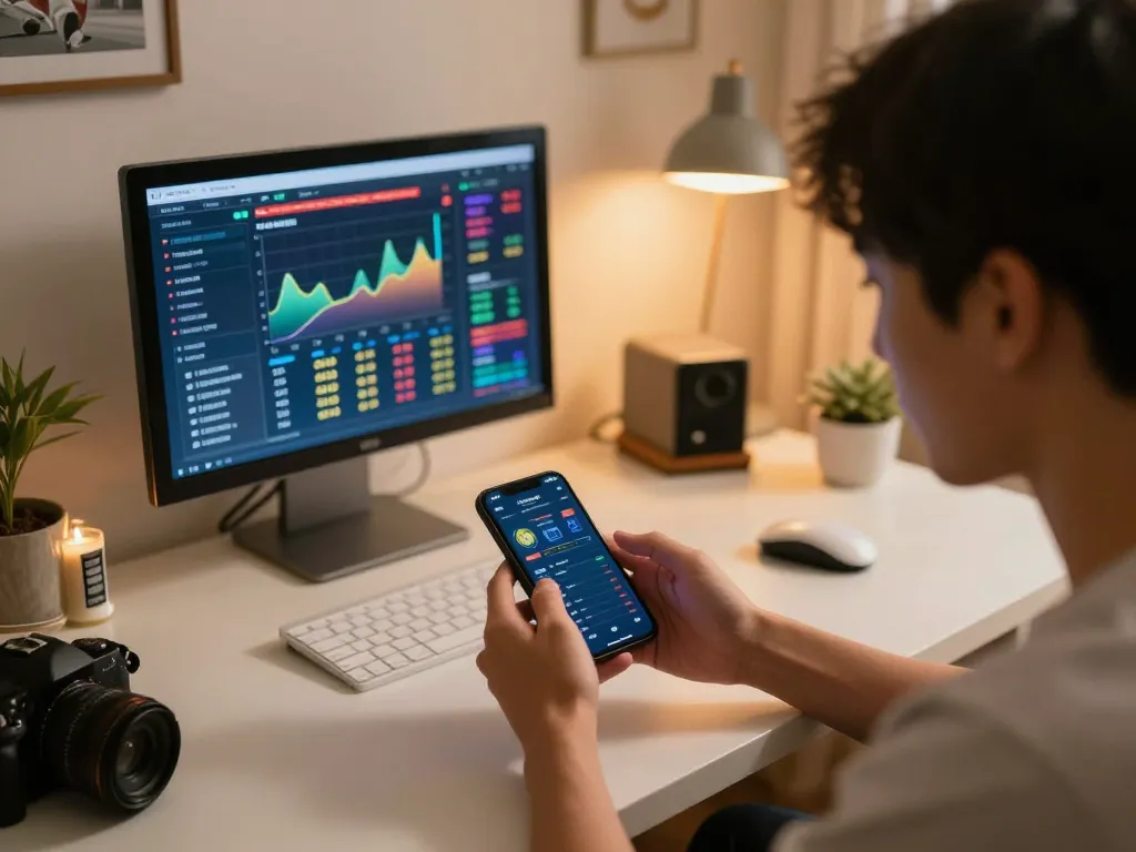 Engaging in kèo nhà cái betting on smartphone in a cozy home setting with sports memorabilia.