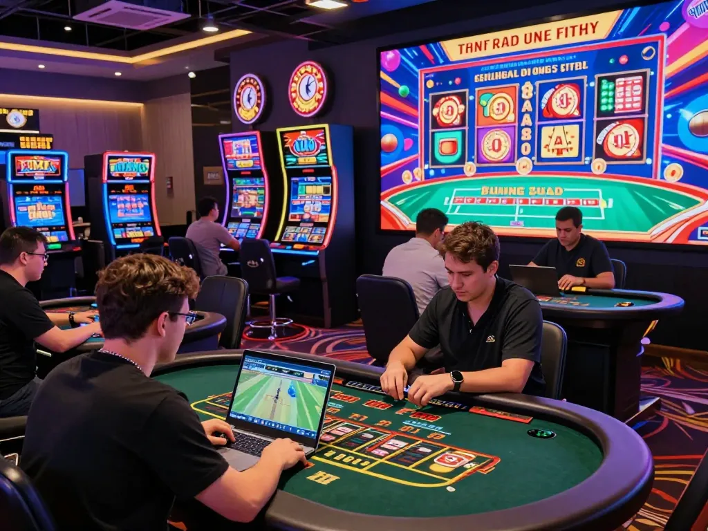 Engaging online betting moment with 8KBET logo at a colorful digital casino.