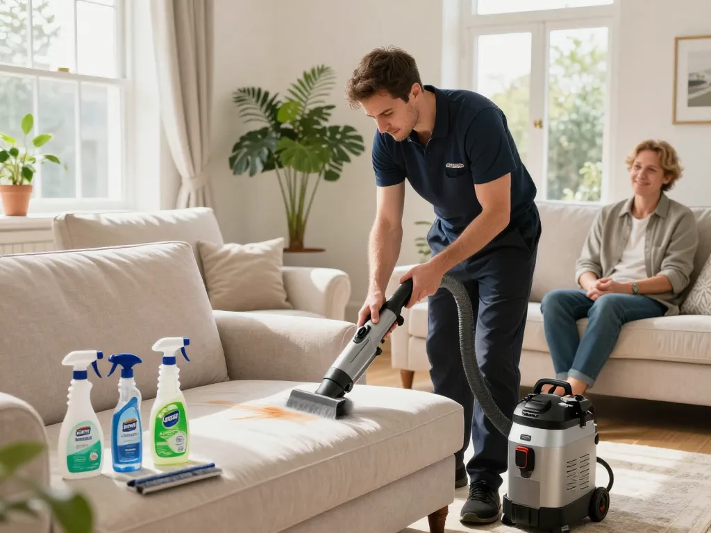 Upholstery cleaning scene showcasing professional cleaners and eco-friendly products for flats & apartment advice sites.