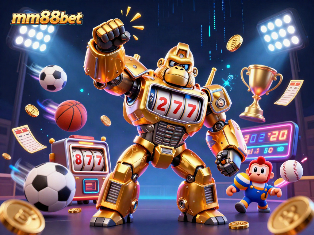 Experience thrilling gameplay with mm88bet, featuring a dynamic golden gorilla mech surrounded by sports elements.