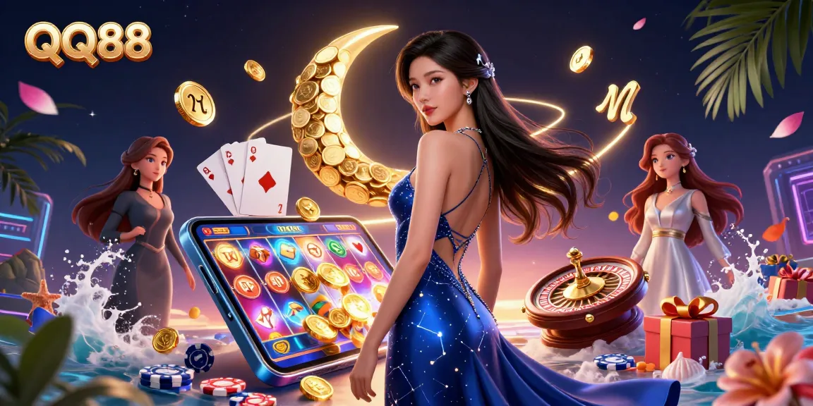 Experience QQ88's immersive gaming atmosphere with a glamorous Asian woman surrounded by vibrant casino elements.