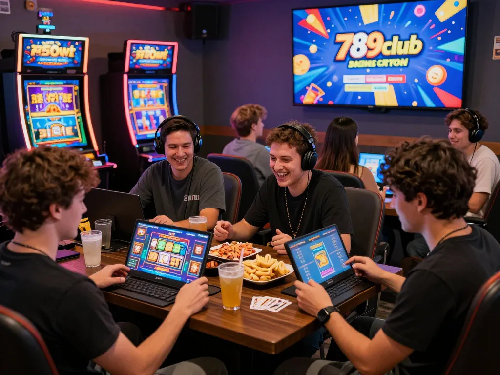 A lively gaming scene featuring players enjoying 789club's diverse game offerings, showcasing excitement in a colorful environment.