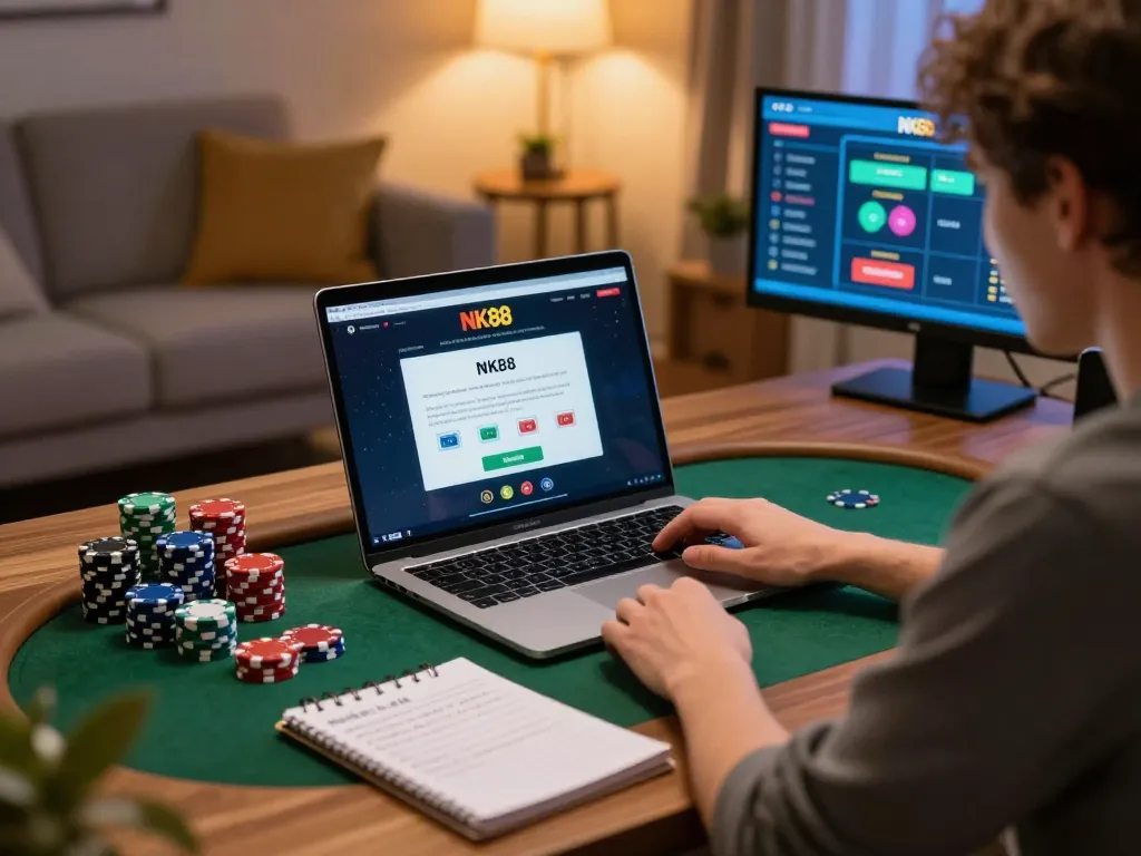 Engaging online poker gameplay showing the NK88 link interface with a player strategizing bets at home.