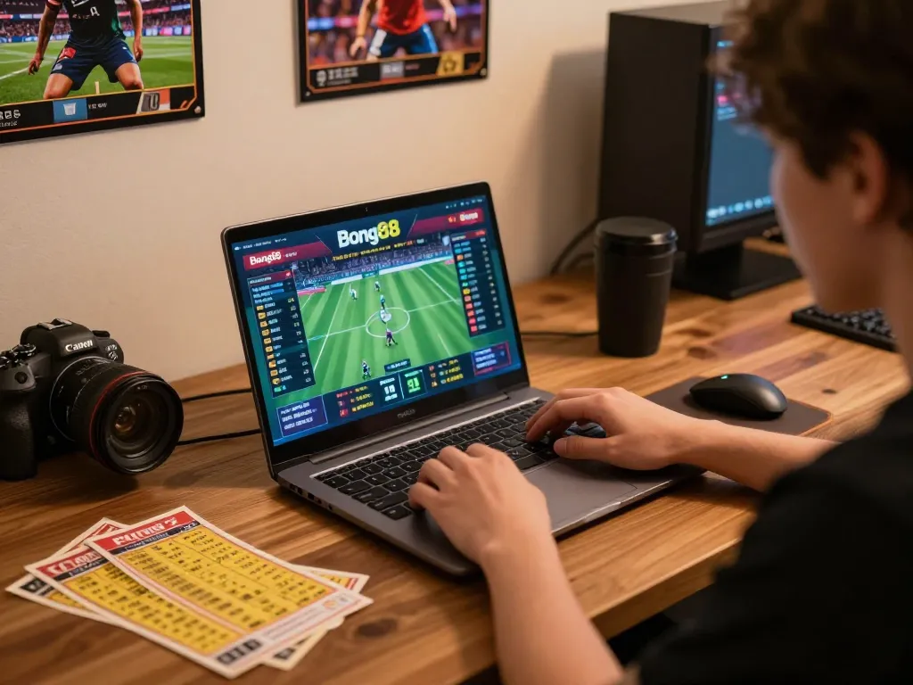 Bong88 user actively placing sports bets on laptop amidst vibrant gaming setup.