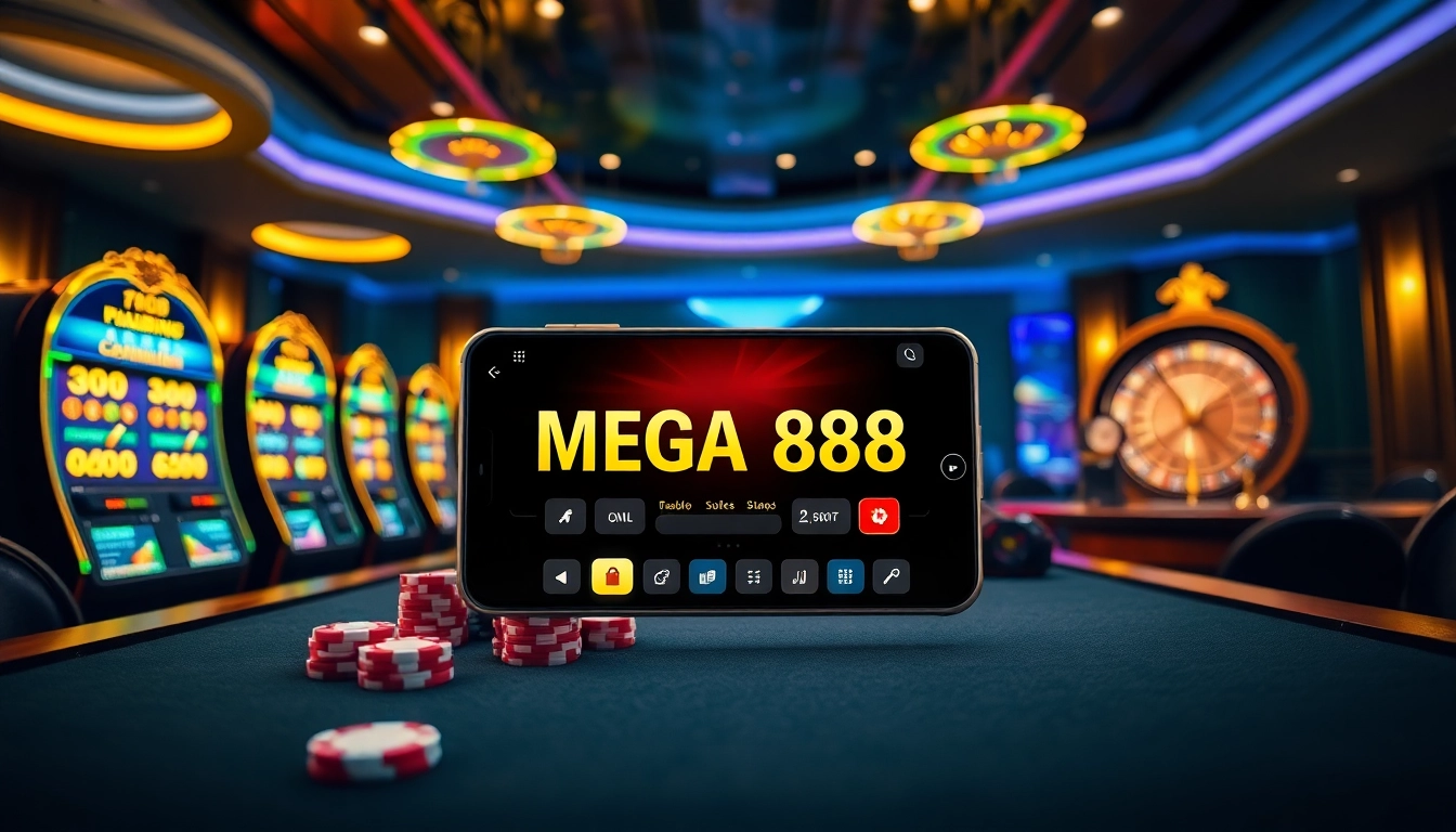 Experience the excitement of MEGA888 APK with a luxurious casino scene filled with vibrant gaming elements.