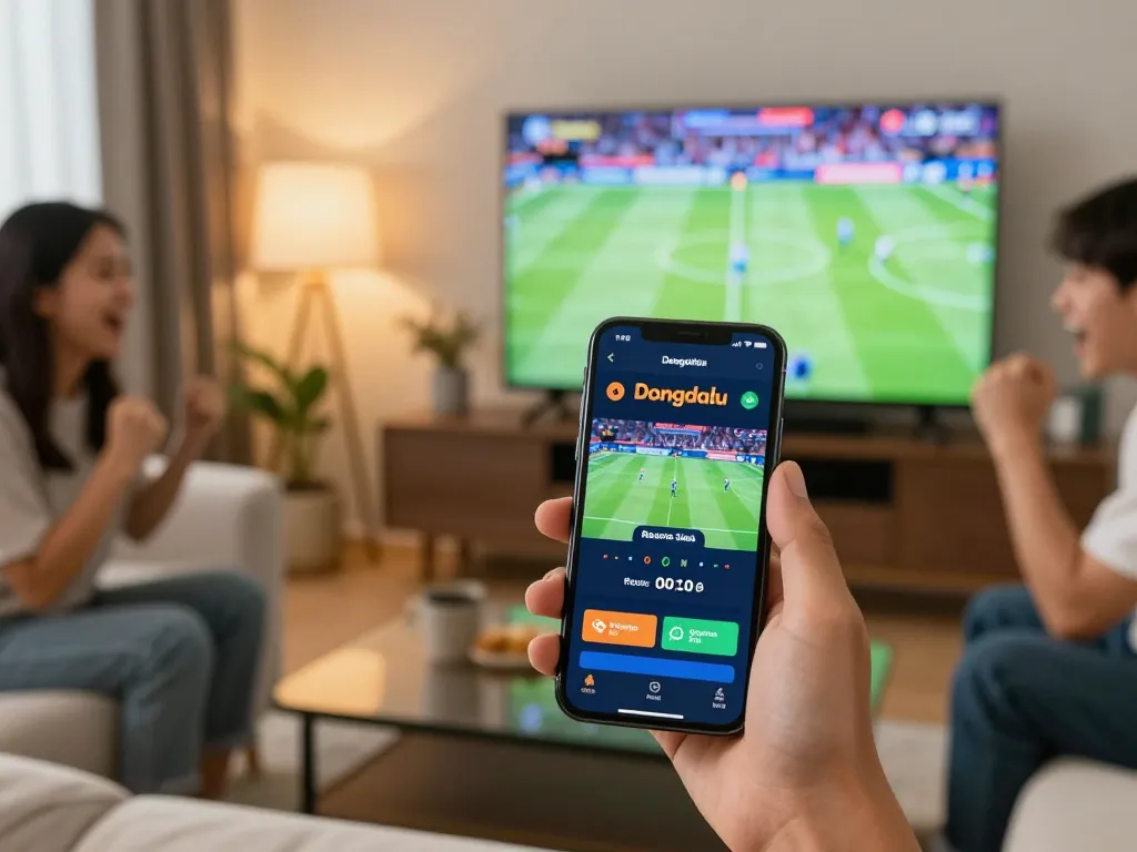 Bongdalu app shown on smartphone while placing live sports bets in a lively home setting