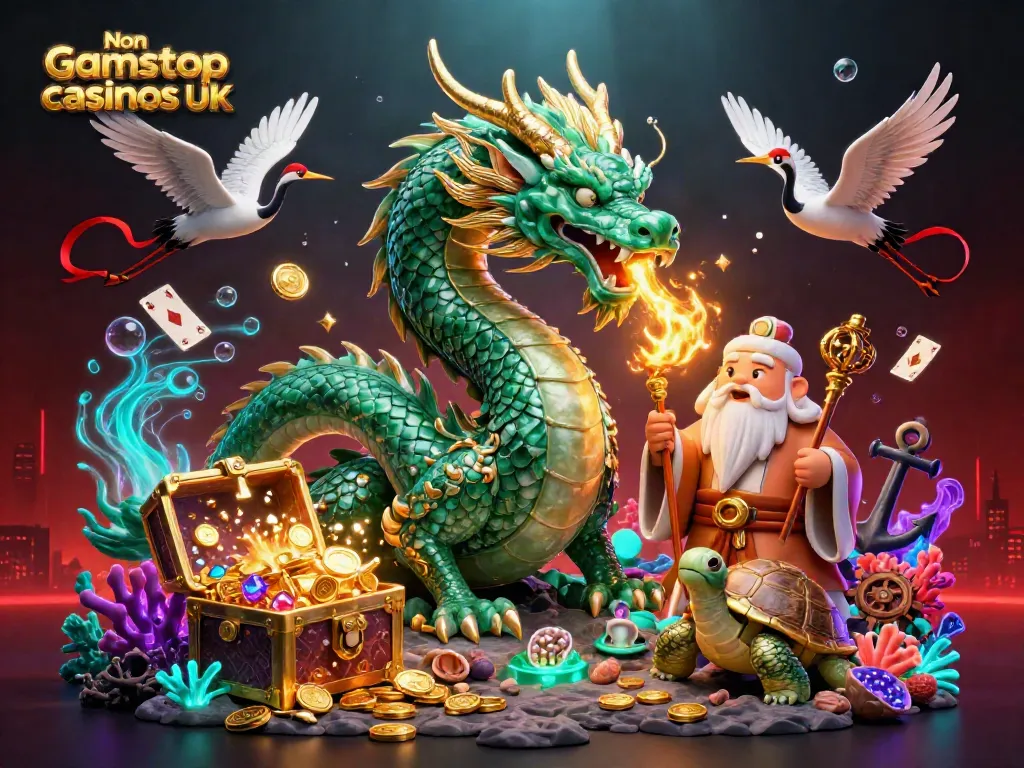 Experience rich visuals of Non gamstop casinos UK with a dragon, wise turtle, and lucky cranes in a vibrant scene.