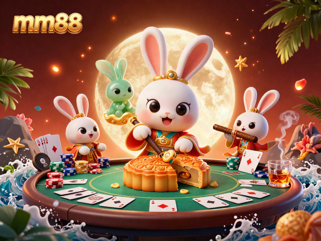 Join the action at mm88 with a dynamic scene of a moon rabbit and poker chips in a vibrant casino setting.