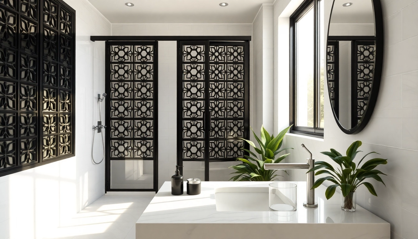Enhance your bath with stunning black frame shower doors, featuring elegant patterns and a sleek design.