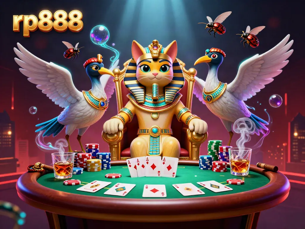 Engage with rp888 by experiencing an animated scene with an Egyptian pharaoh and a poker table.