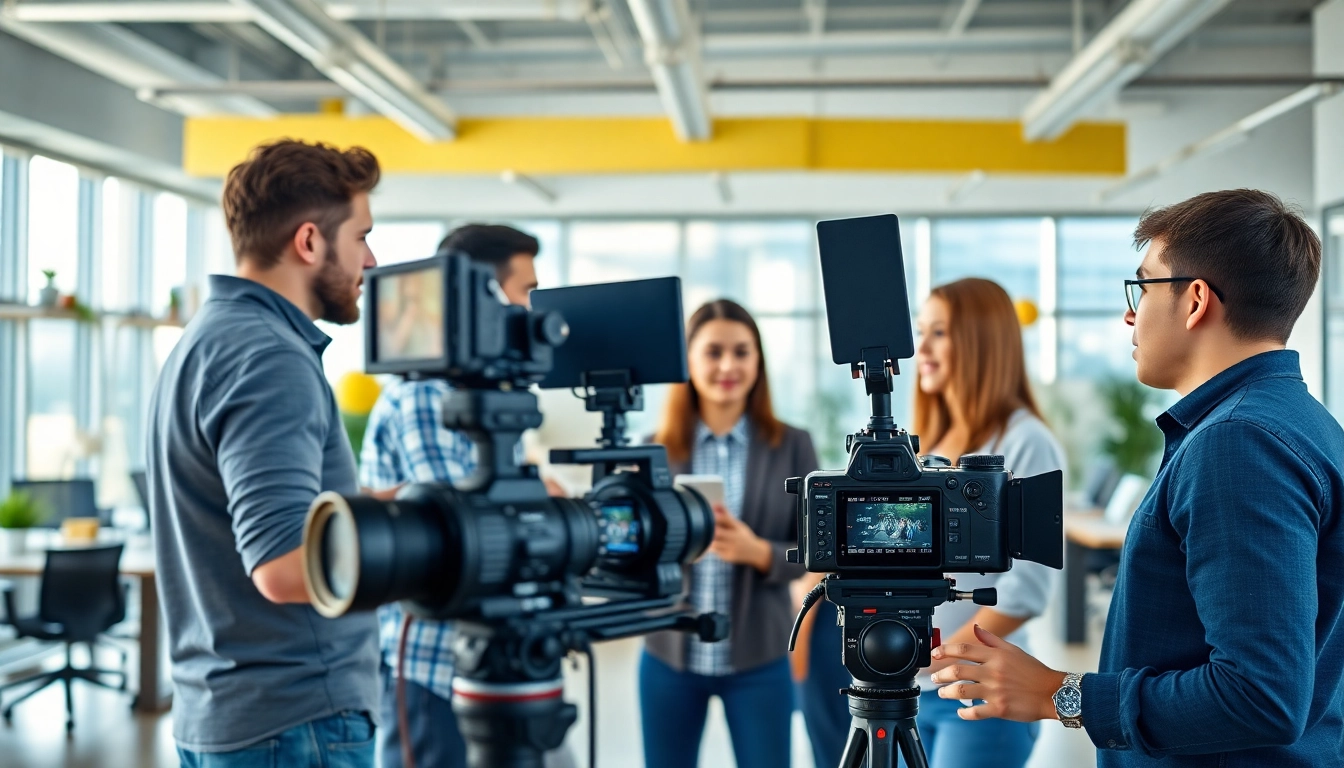 Creative team engaged in corporate video production Toronto in a modern office.