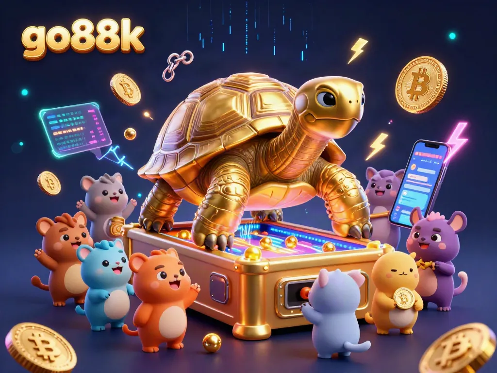 Engage in thrilling gameplay at go88k with a vibrant 3D illustration showcasing a golden tortoise pinball machine surrounded by colorful crypto elements.