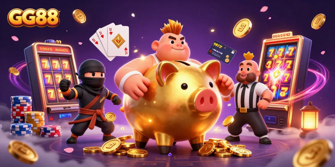 Experience excitement with GG88's vibrant casino scene featuring dynamic characters and lively slot elements.