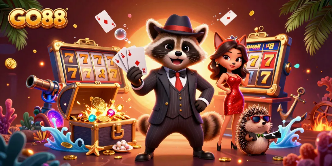 Experience the excitement at GO88 with a vibrant illustration showcasing casino games and lively characters.