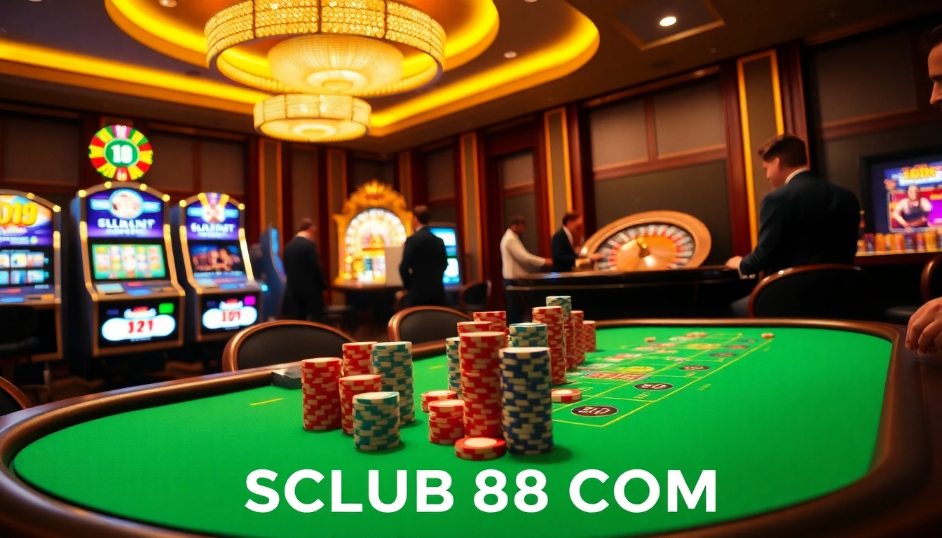 Experience the thrill of gaming at SCLUB88 COM with poker chips and roulette action.