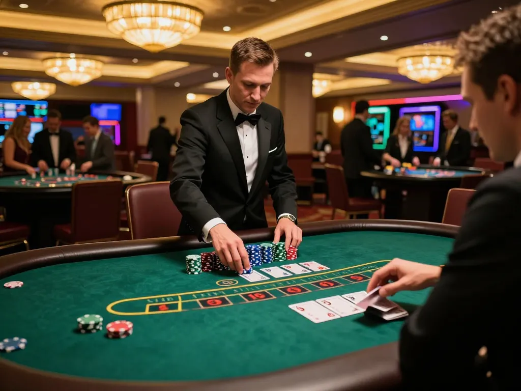 Players engaging at the blackjack table as SC88 strategic cards are dealt in a luxury casino.