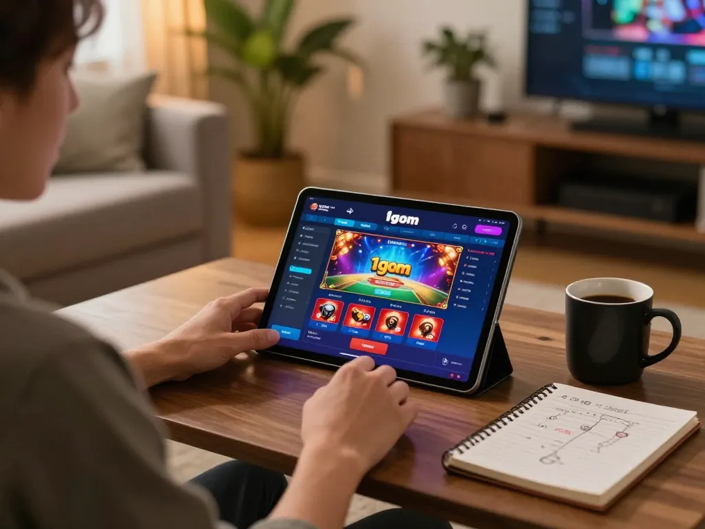 Player engaging with 1gom casino app on tablet in a cozy home setting, demonstrating online gambling.
