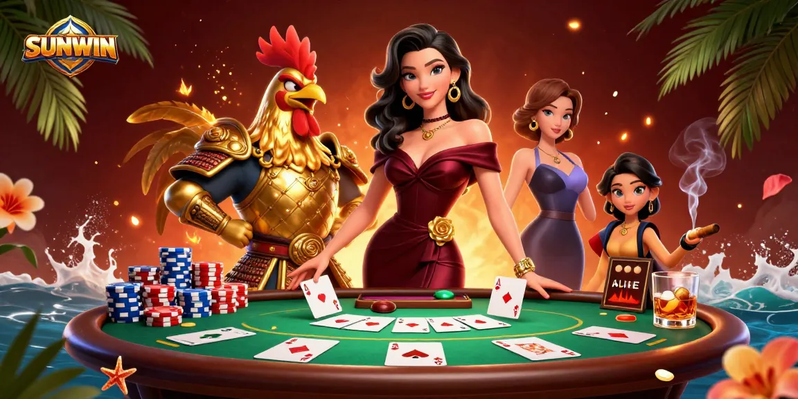 SUNWIN casino scene featuring a glamorous woman and a golden rooster warrior by a poker table, showcasing excitement and strategy.