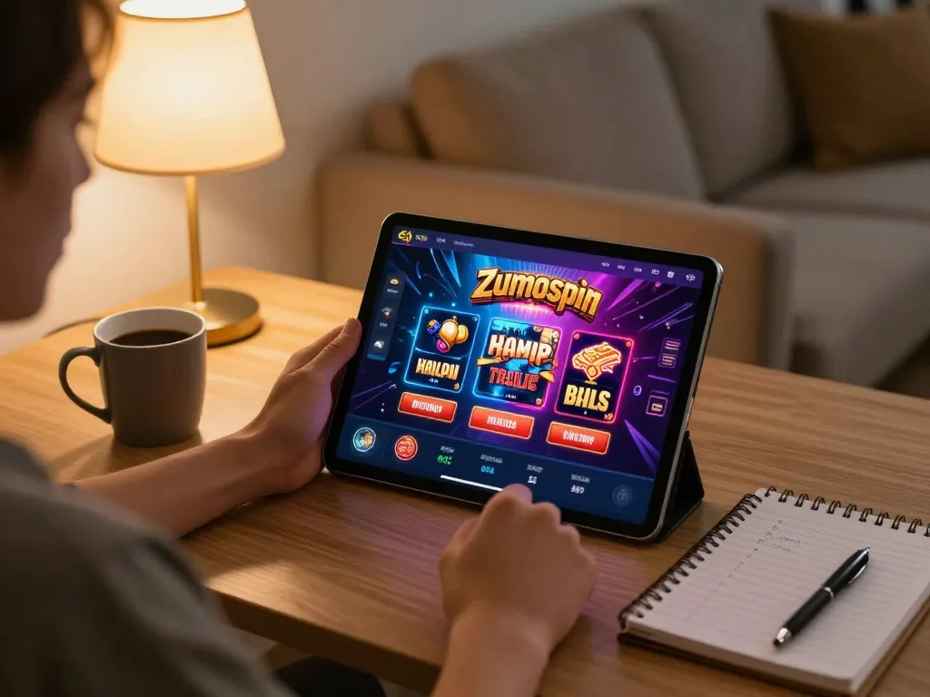 The person enjoys Zumospin licentie gaming on a tablet in a cozy home setting while practicing responsible gambling.