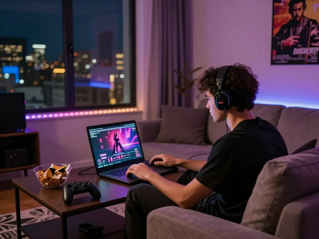 Engaged player exploring a sex game on a laptop in a cozy living room with ambient lighting.