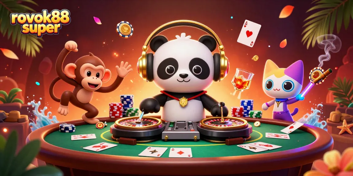 Experience the thrilling atmosphere of rokok88 super with DJ panda and friends spinning roulette and poker action.