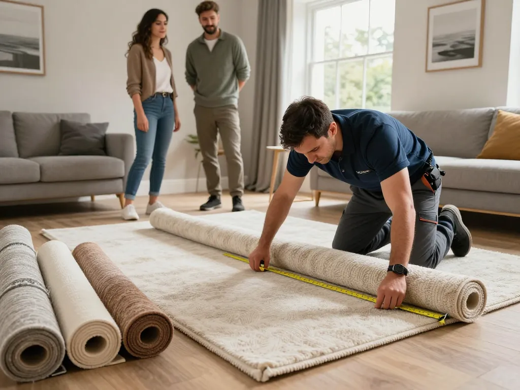 Expert carpet fitting services West London in modern home, installer measuring and cutting high-quality carpet.
