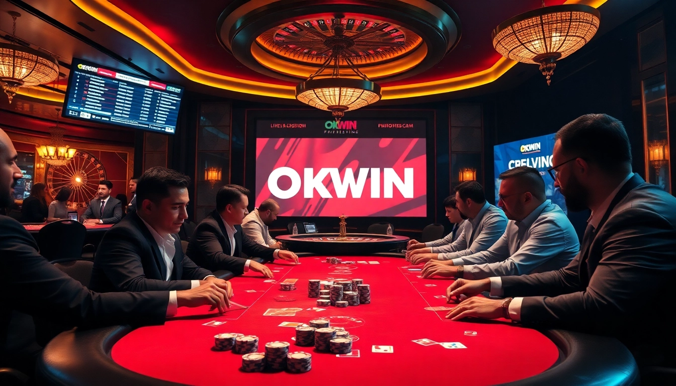 Engage with the exciting atmosphere of OKWIN's luxurious poker games in a vibrant casino setting.