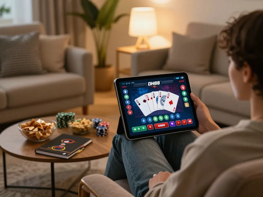 Player enjoying online casino games on DH88a tablet with cozy home atmosphere and strategy notes.