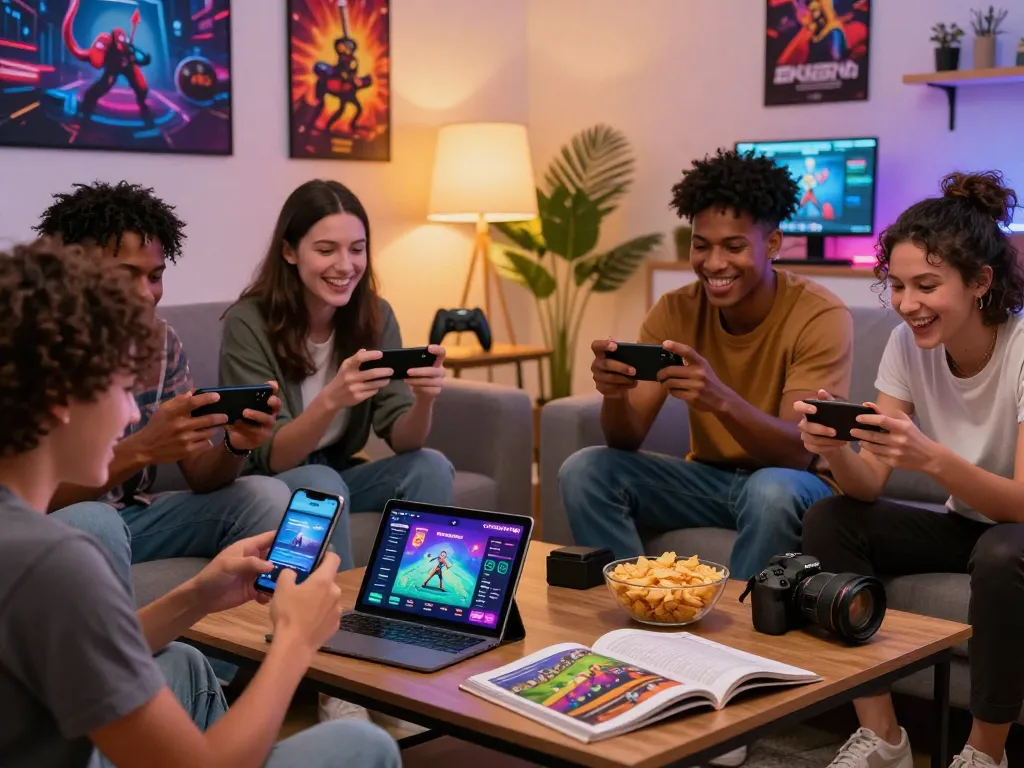 Friends enjoying Sunwin gaming experience in a cozy setting while using various devices, sharing laughter and strategies.