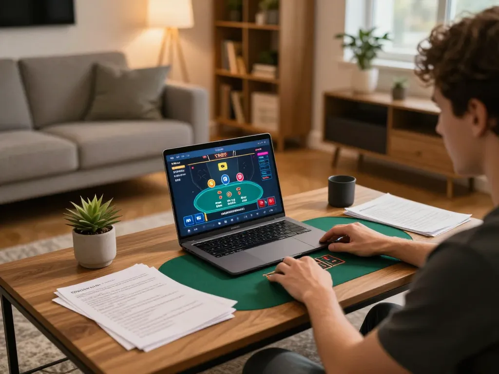 Playing poker online at home on https://play-hbet.com/ with strategic notes visible