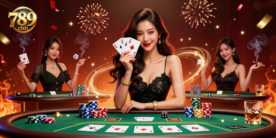 Engaging illustration showing 789club's vibrant casino scene with an elegant woman holding cards.