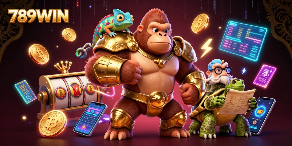 Engage with 789WIN's dynamic gambling scene featuring a powerful gorilla king and vibrant gaming elements.