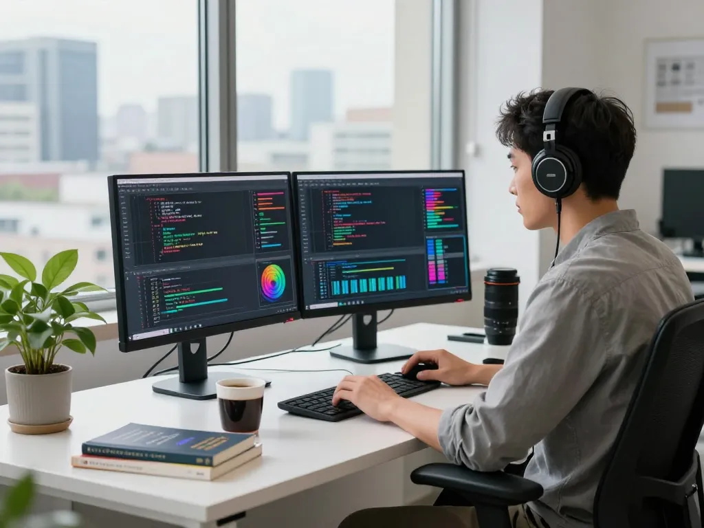 Innovative workspace for AI development featuring coding, vibrant graphs, and a focused engineer.