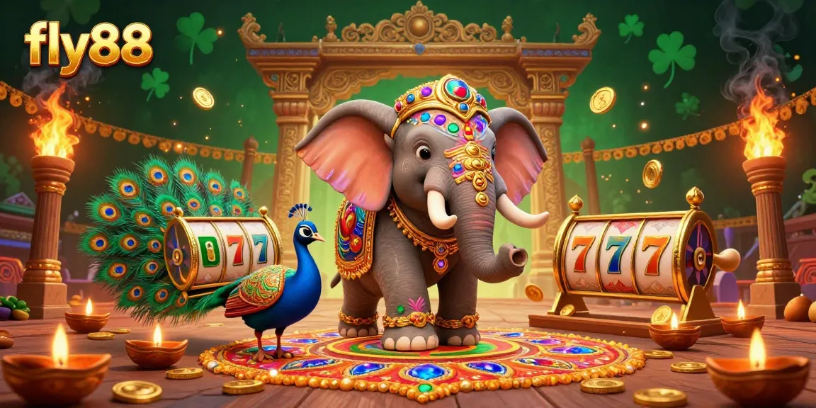 Experience the excitement of fly88 with our stunning 3D casino illustration featuring vibrant slot reels and festive elements.