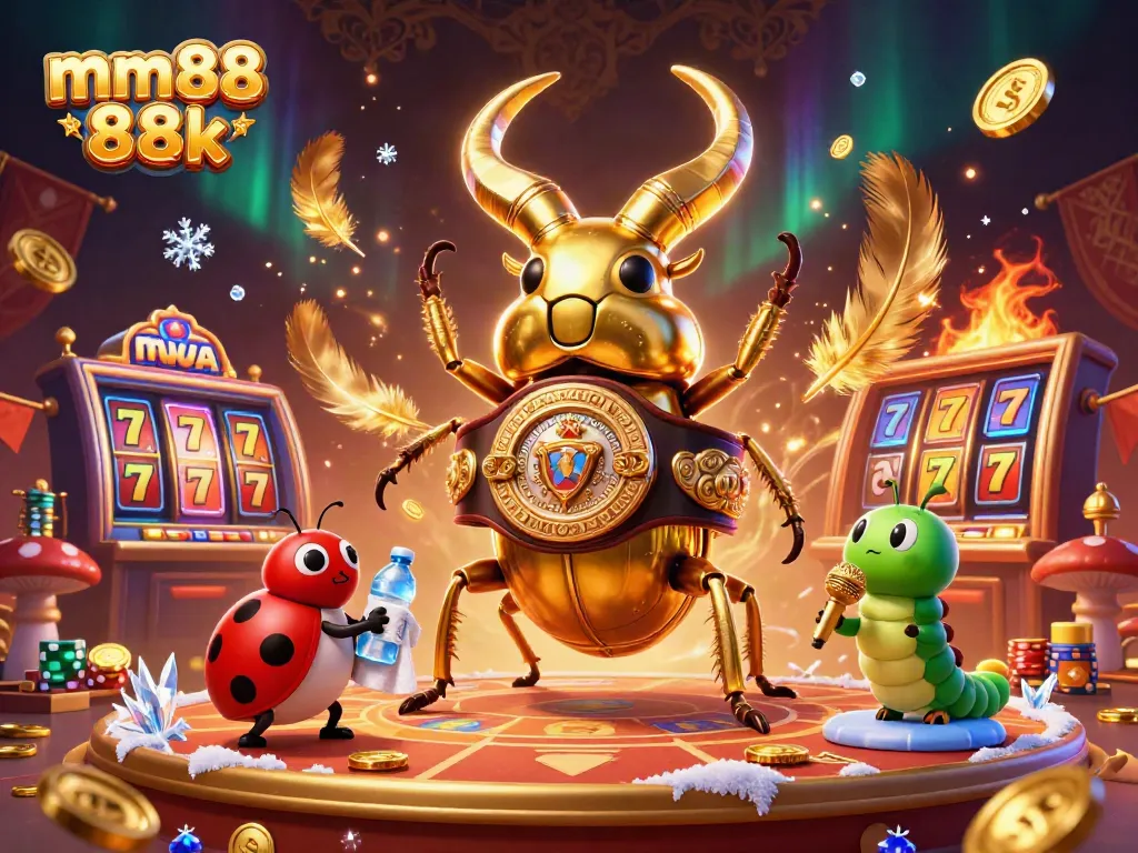 Engage with the excitement of mm88 88k as a golden stag beetle and friends illuminate a vibrant casino scene.